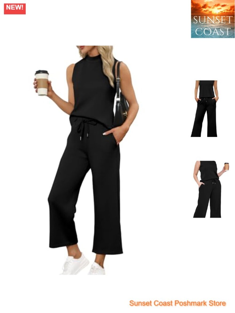 Two Piece Set Womens Sleeveless Mock Neck Top Wide Leg Crop Pants Lounge Travel